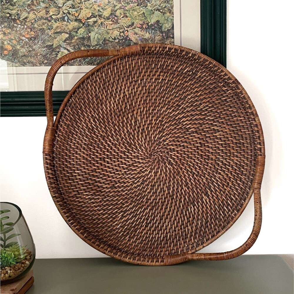 PAMPERED CHEF Serving Tray Woven Selections Rattan Double Handle 17" Wood Bottom